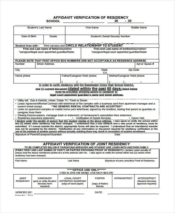 affidavit residency verification form