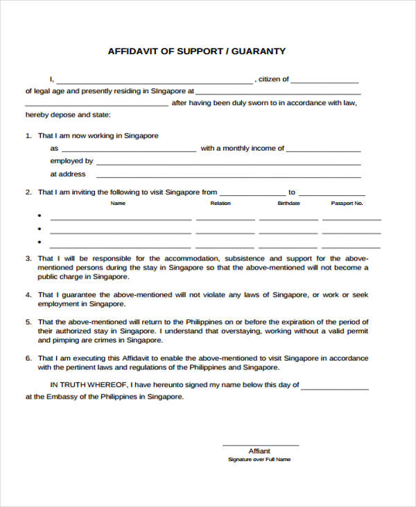 affidavit support guarantee form