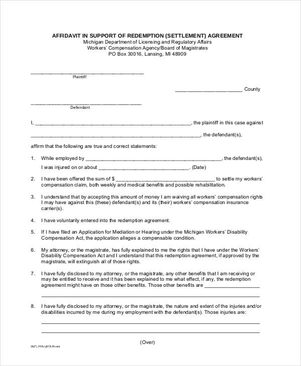 affidavit support redemption agreement form