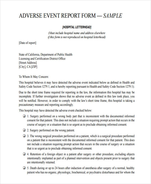 anaesthesia adverse form