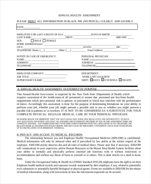 annual employee health assessment form