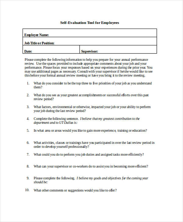 annual employee self evaluation form