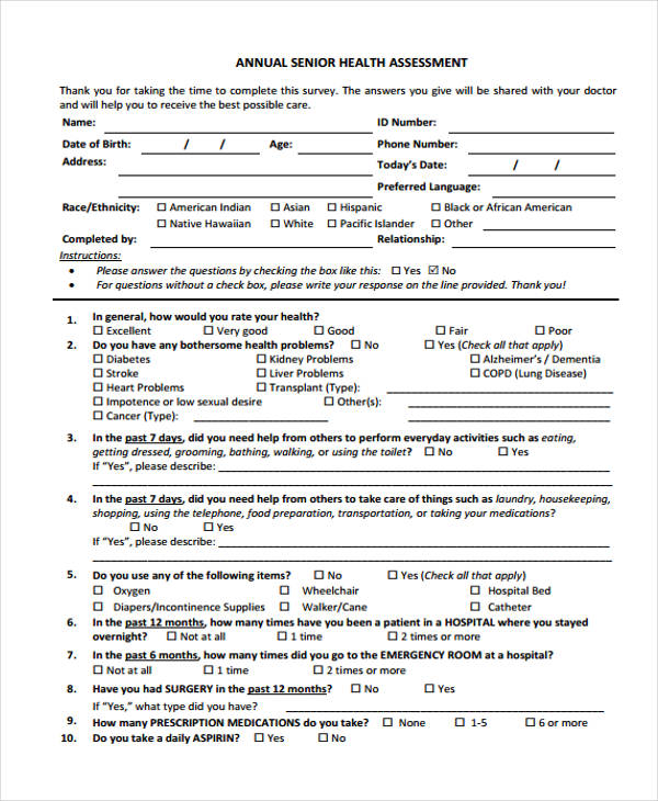 annual senior health assessment form