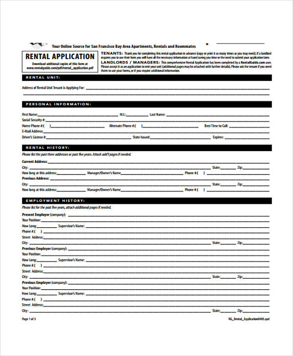 apartment housing rental application form