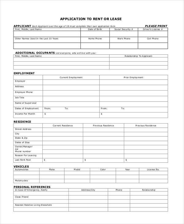 apartment rental property application form