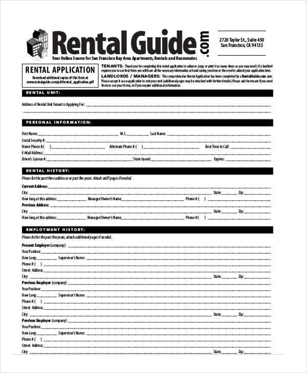 apartment residential rental application form