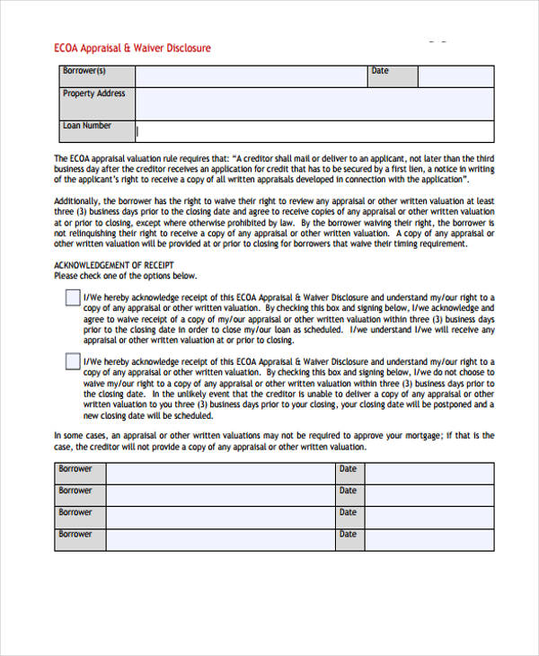 appraisal waiver disclosure form pdf