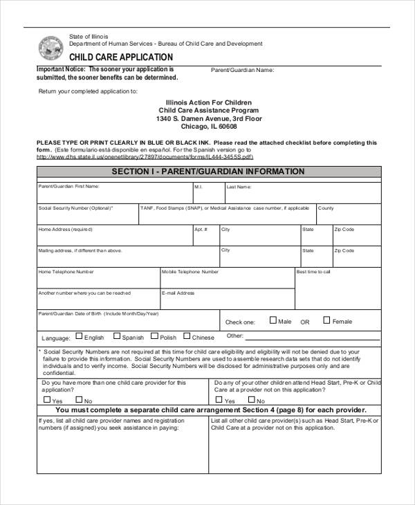 approved child care application form