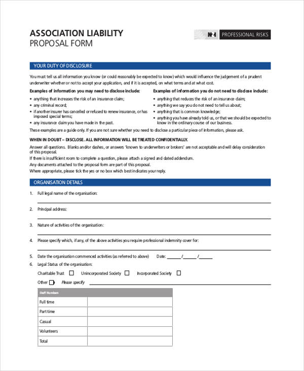 association liability proposal form