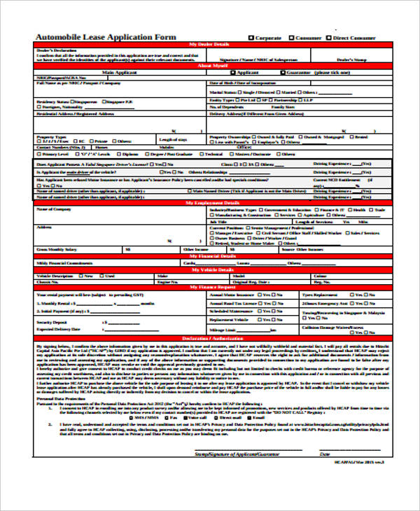 auto lease application form sample
