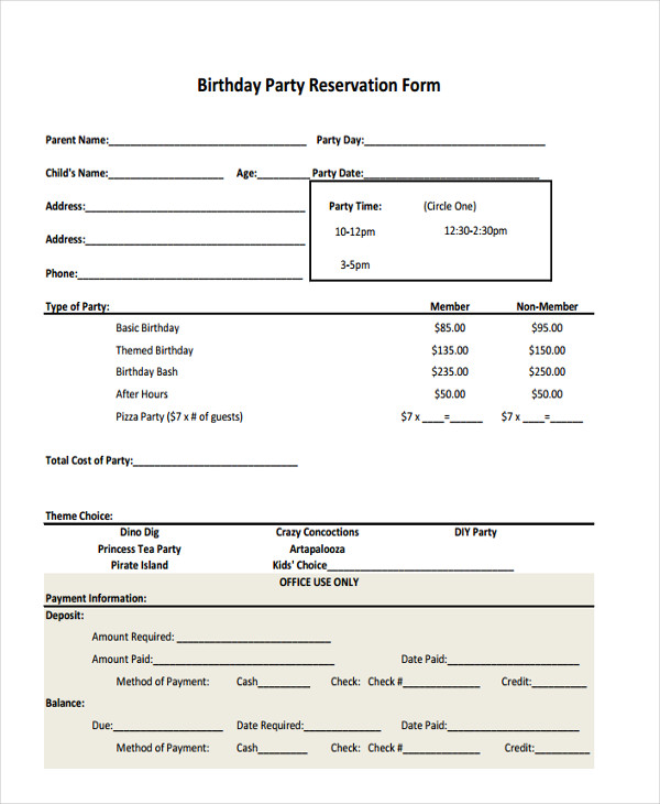 FREE 11+ Sample Party Reservation Forms in PDF | MS Word