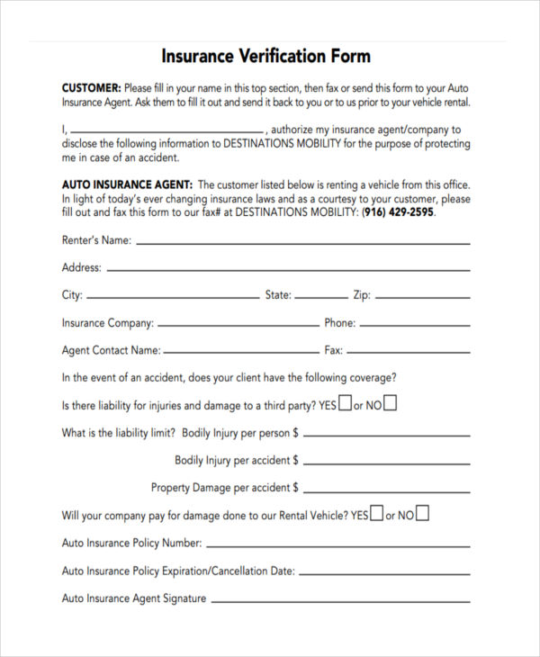 Printable Insurance Verification Form