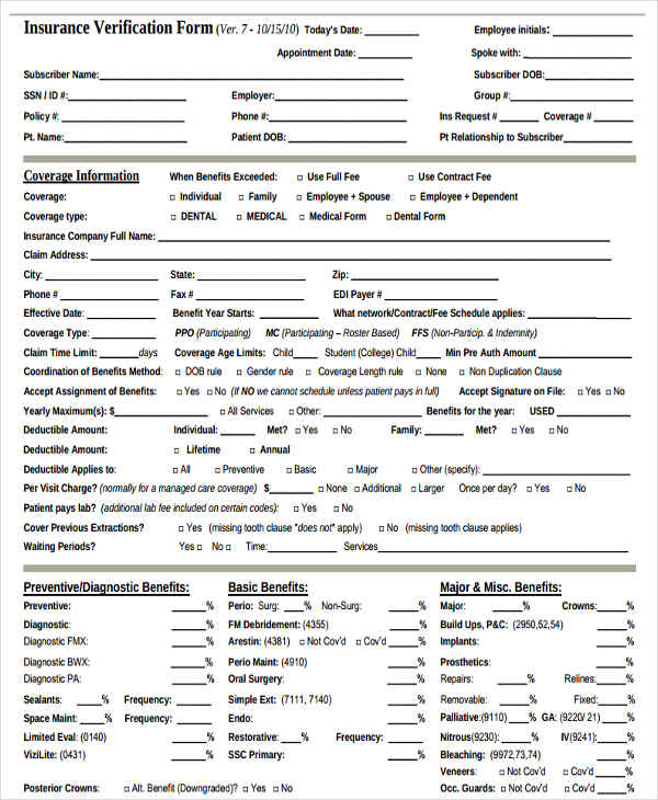 blank dental insurance verification form