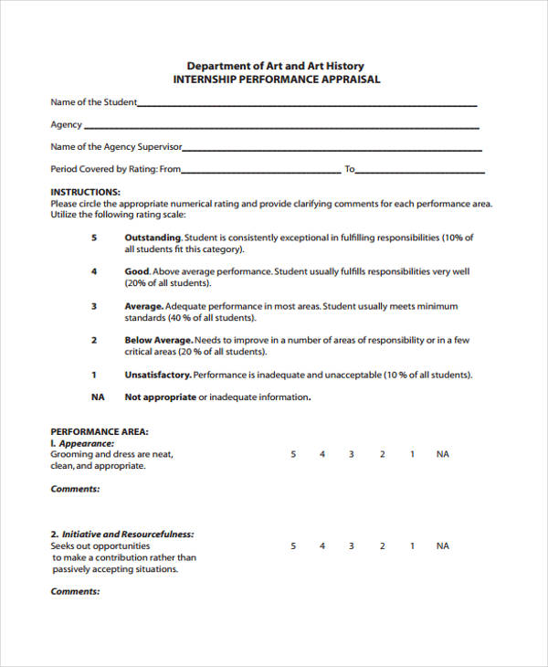blank internship appraisal form