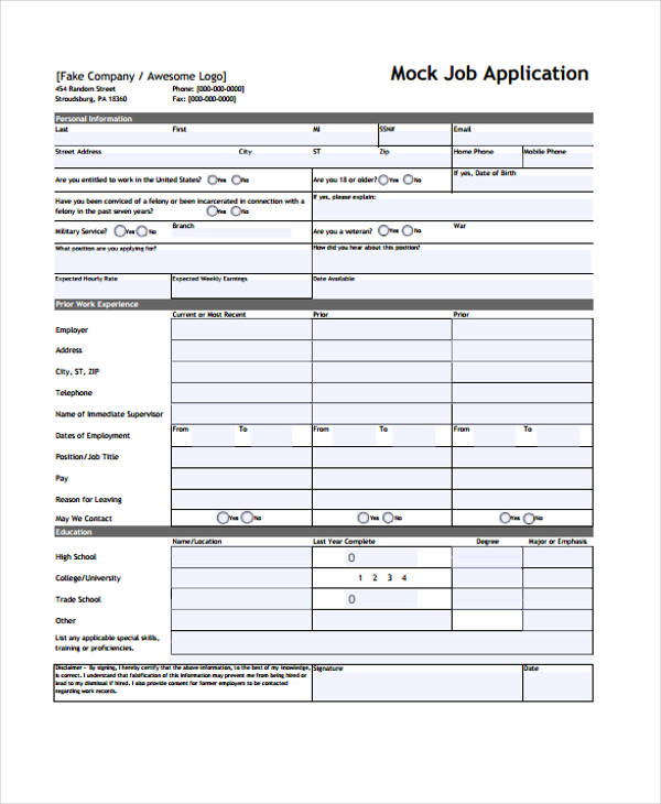 Free 10 Sample Standard Job Application Forms In Pdf Ms Word Excel 8079