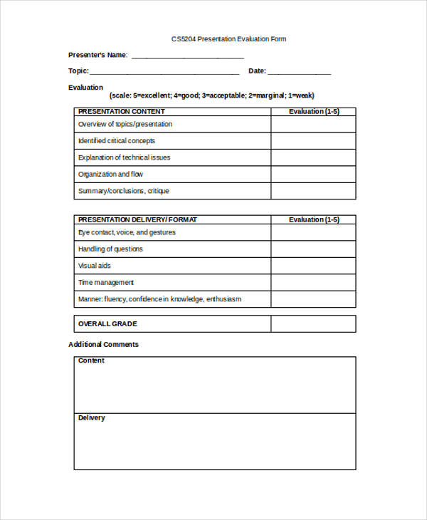 blank presentation evaluation feedback form