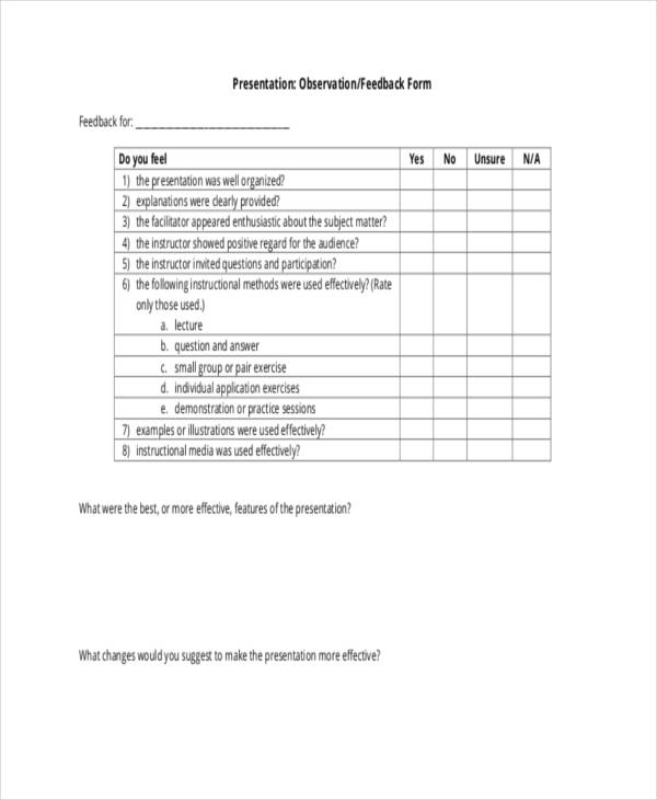 blank presentation observation feedback form