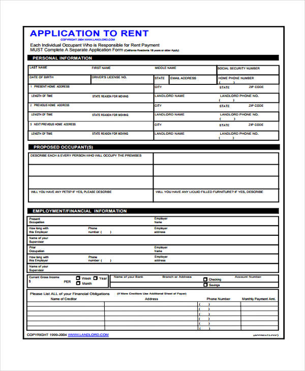 blank rental application form