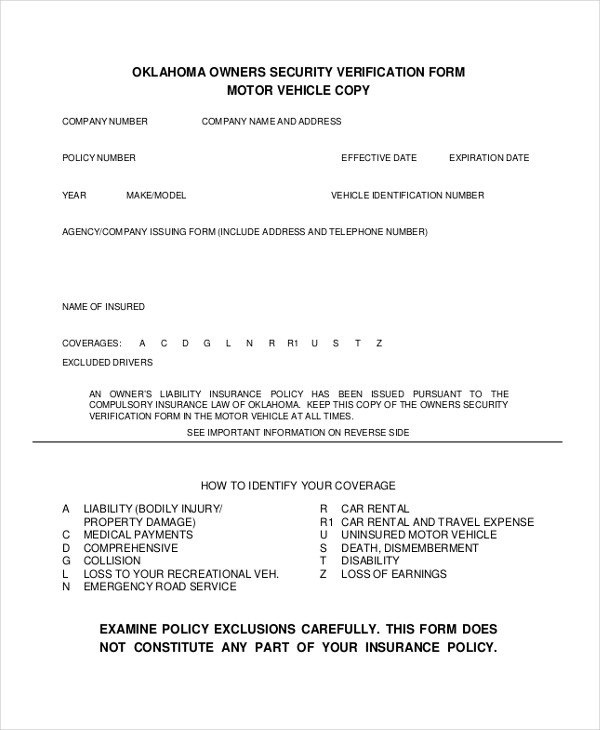 blank vehicle insurance verification form