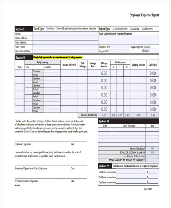 business employee expense report form