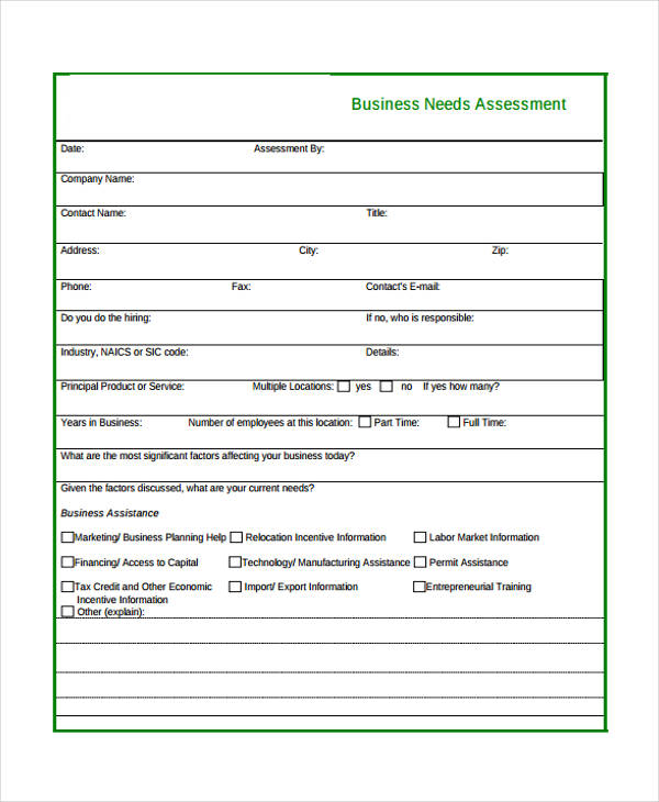 business needs assessment form