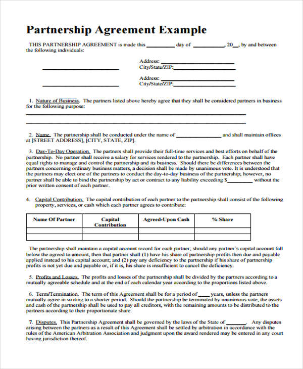 business partnership agreement contract form