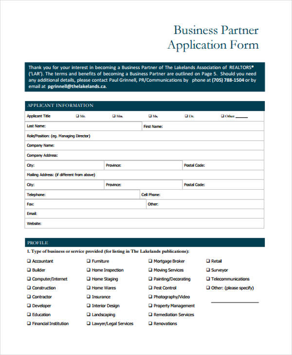 business partnership application form