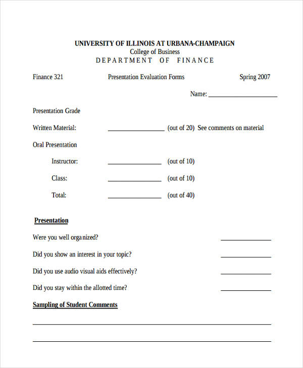 business presentation evaluation form