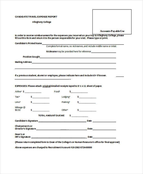 candidate travel expense report form