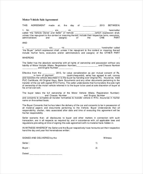 car sales agreement form