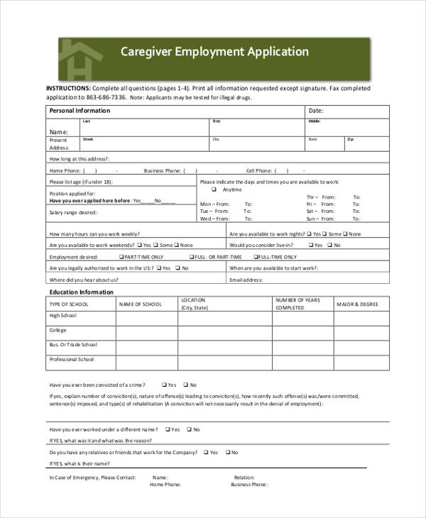 caregiver employee application form