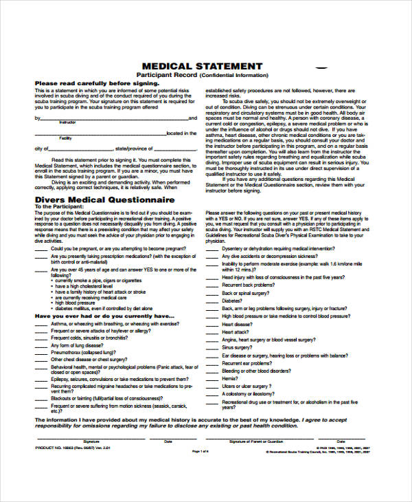 caregiver medical statement form