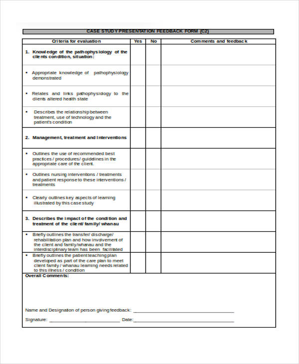 case study presentation feedback form