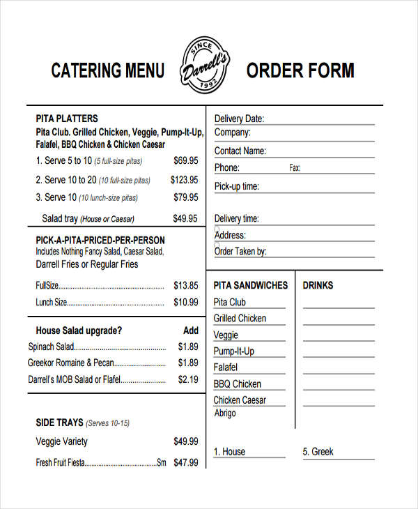 Food Menu Order Form Template