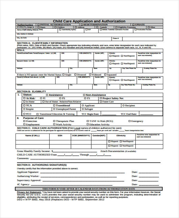 child care application and authorization form