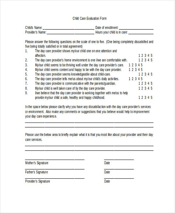 child care center evaluation form in doc
