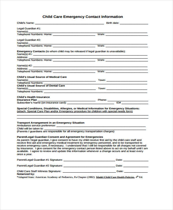 child care emergency contact information form