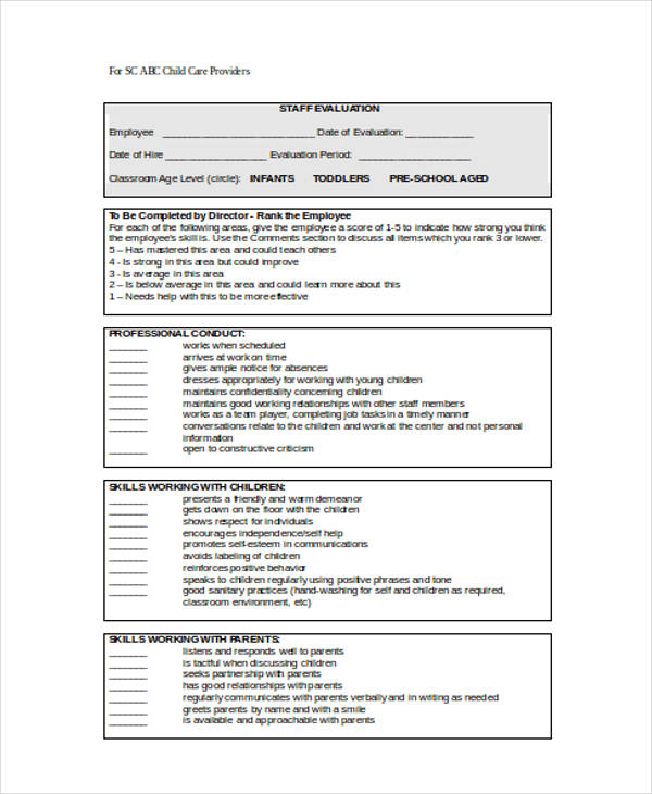 FREE 7+ Sample Child Care Evaluation Forms in MS Word PDF