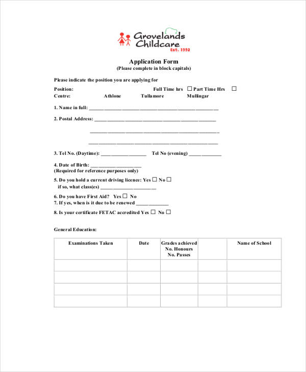 child care employment application form