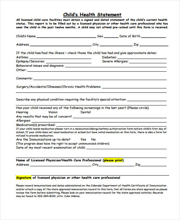 FREE 11+ Health Statement Forms in PDF MS Word