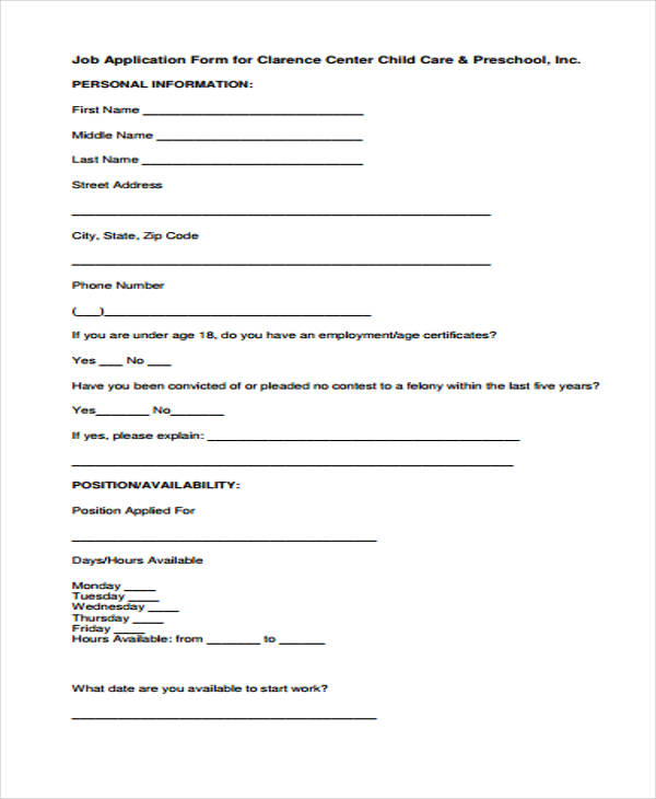 child care job application form