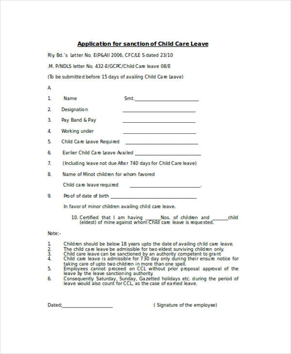 child care leave application form doc