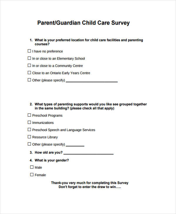 child care needs assessment survey form