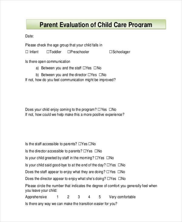 child care program evaluation form