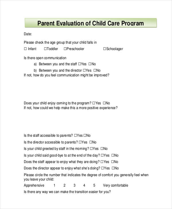 Child Care Evaluation Form Free Printable