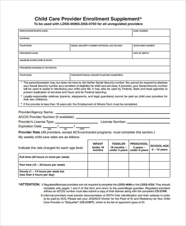 child care provider application form