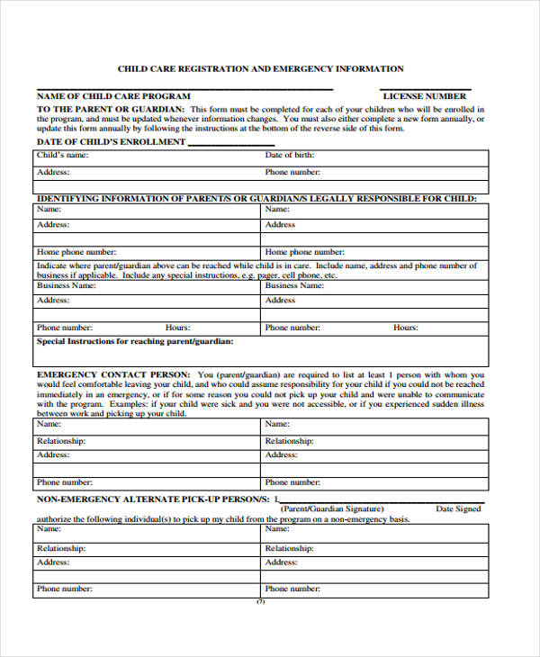 child care registration emergency contact form