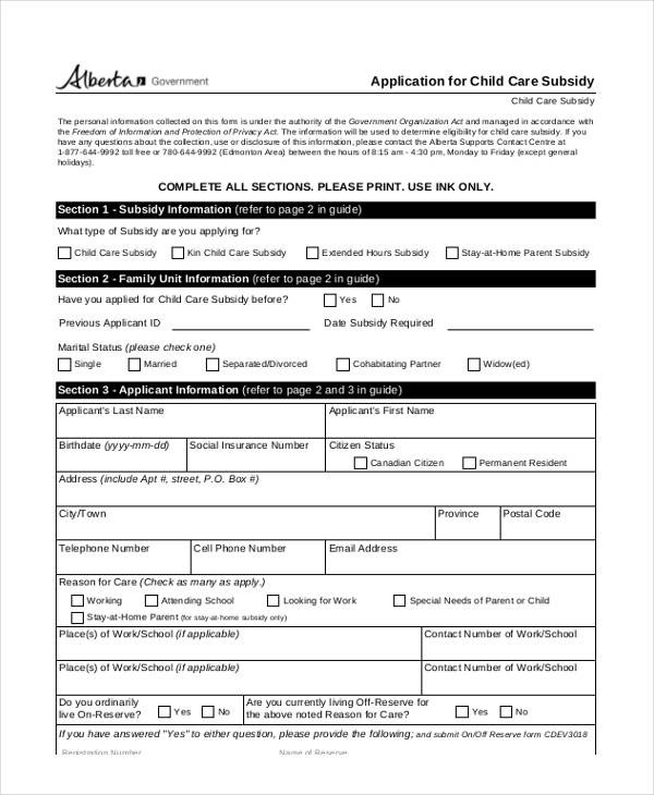 child care subsidy application form