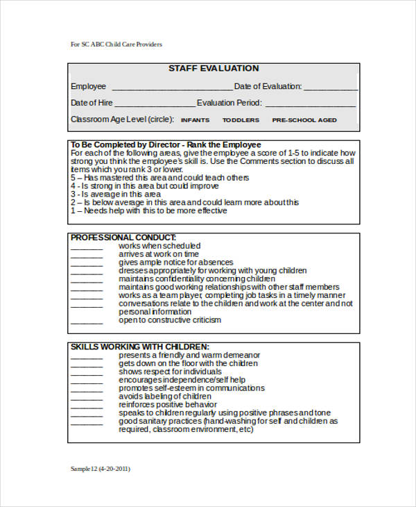 child care teacher self evaluation form