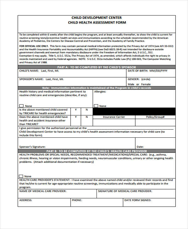 child development center health assessment form